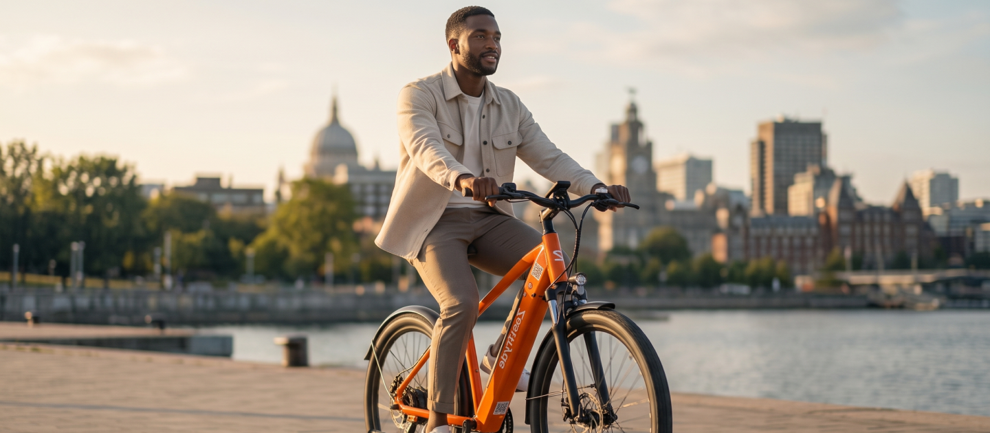 A rider on an orange ZestRyde electric bike with the city skyline behind him