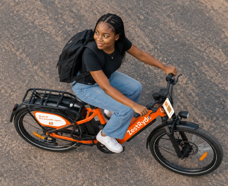 An overhead view of a rider on a ZestRyde bike