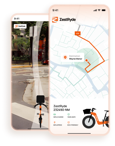 The ZestRyde app showing nearby bikes and a route
